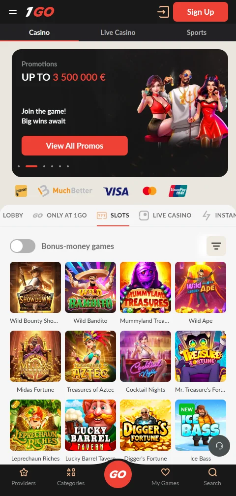 App móvil de 1Go Casino para Android e iOS en un celular
