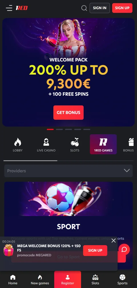 Versión móvil de 1Red Casino abierta en el navegador de un celular