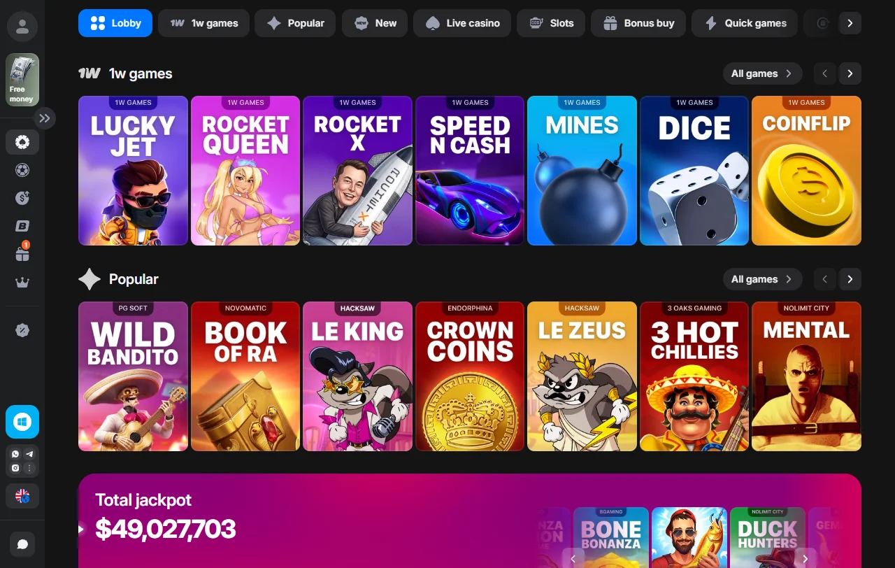 Catálogo de tragamonedas y mesas en vivo de 1win Casino con más de 14.000 títulos