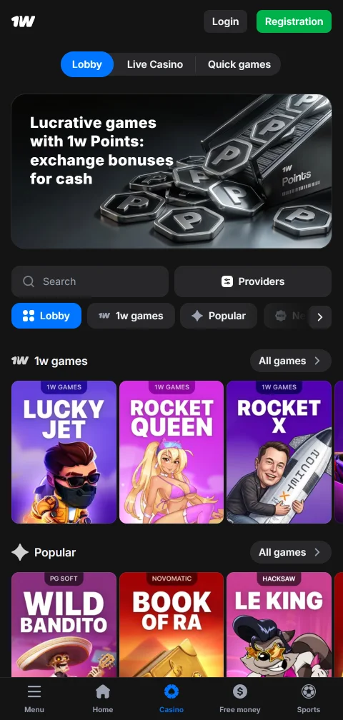 Versión móvil de 1win Casino con acceso al lobby y a las apuestas en vivo