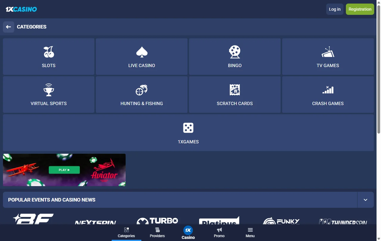 Catálogo de 1xCasino con tragamonedas de Pragmatic Play y mesas en vivo de Evolution