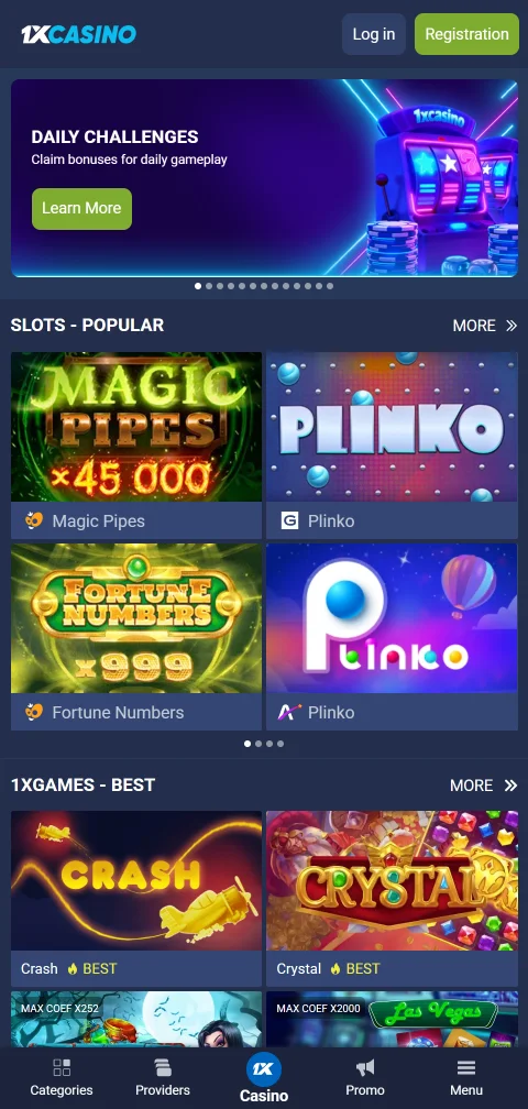Versión móvil de 1xCasino en Android mediante APK descargada del sitio oficial