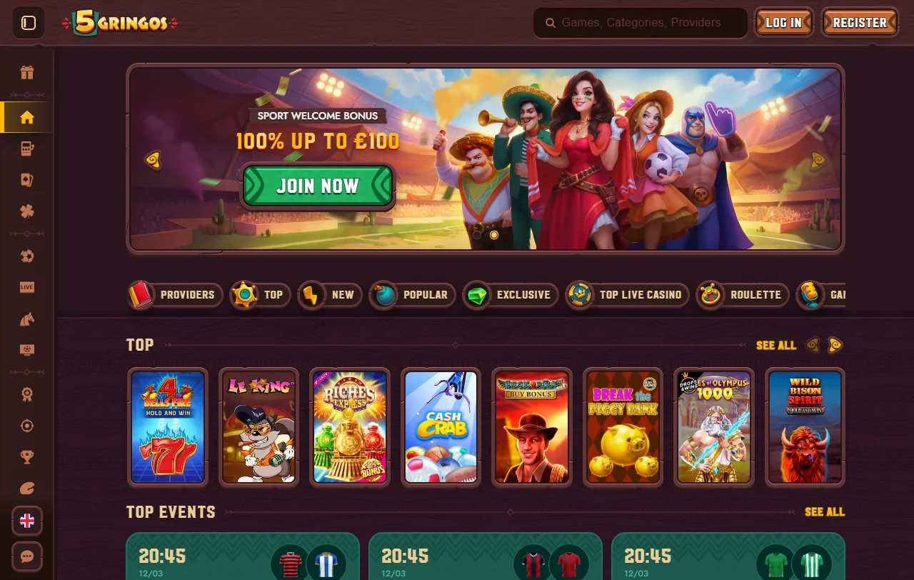 Vista general de 5Gringos Casino con su temática mexicana para jugadores de Chile