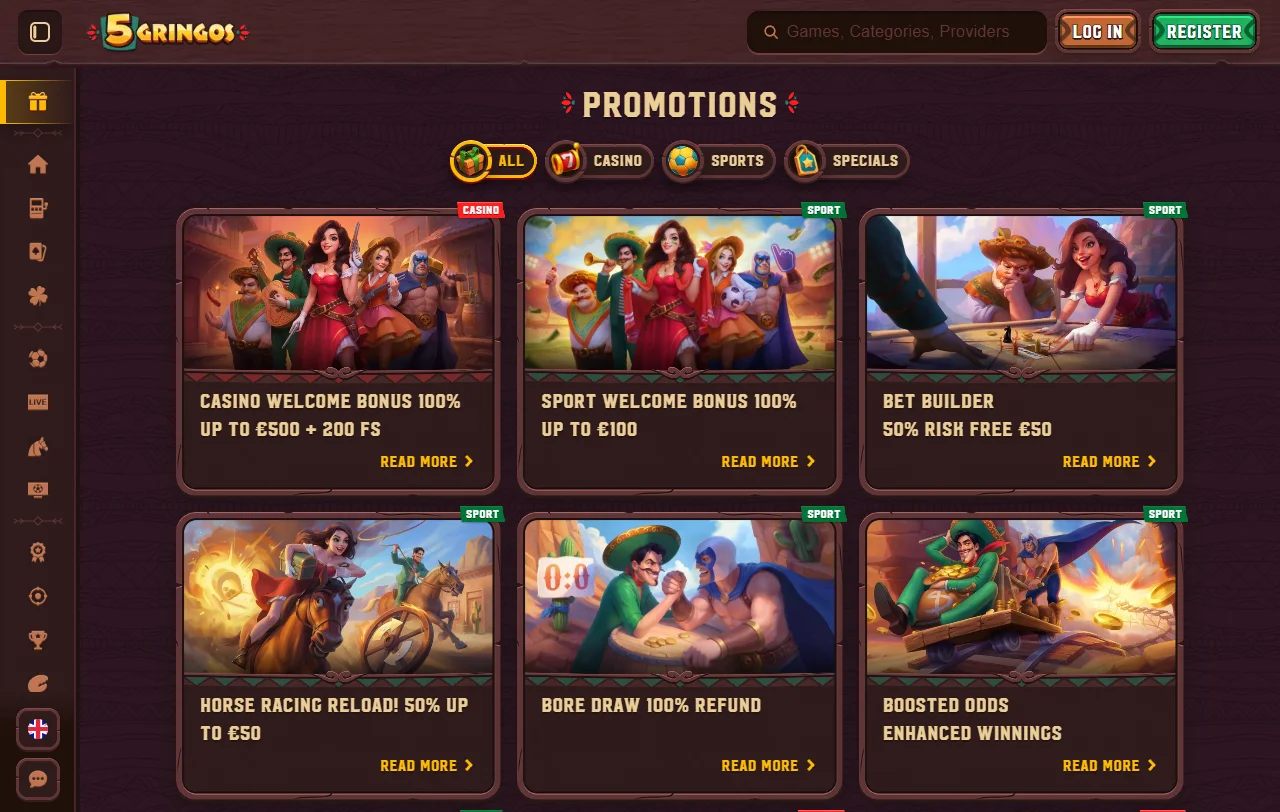 Catálogo de tragamonedas y casino en vivo de 5Gringos Casino con más de 4.000 juegos