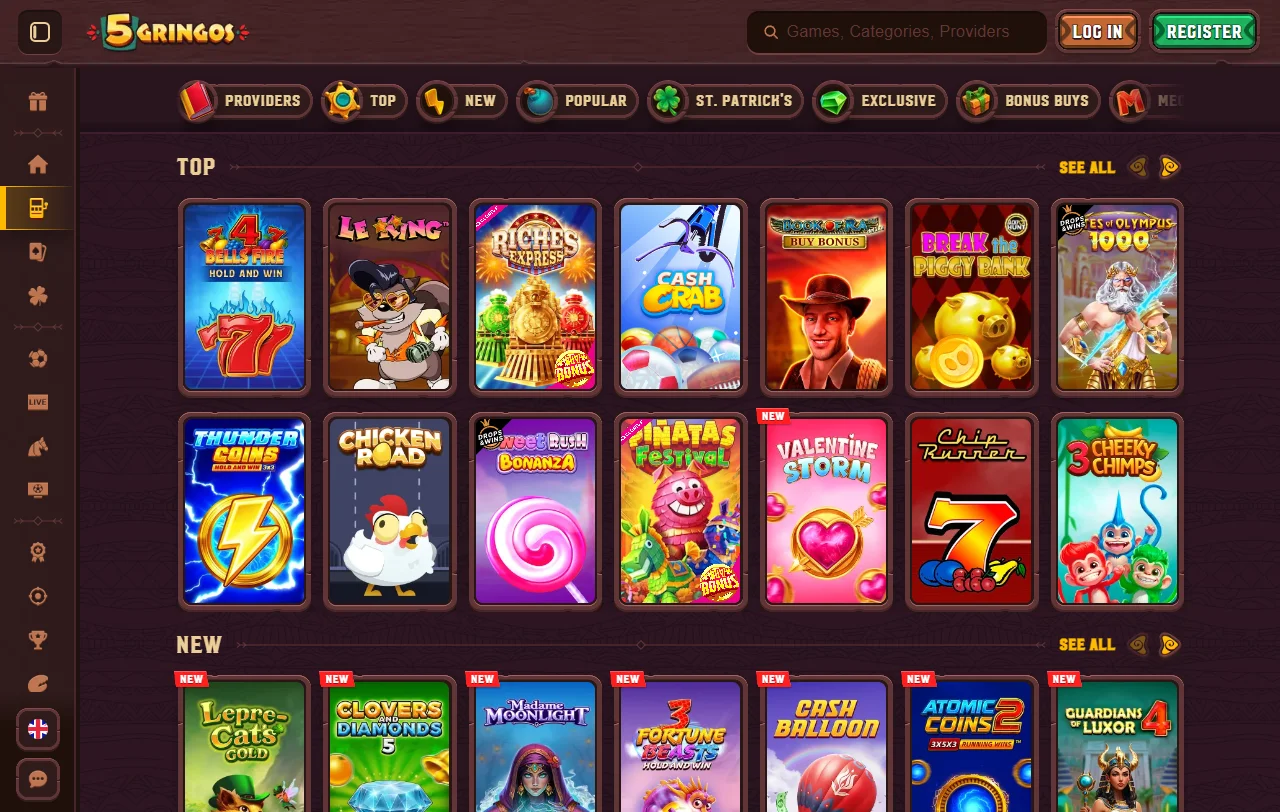 Cinco bonos de bienvenida de 5Gringos Casino con paquete de hasta un millón de pesos