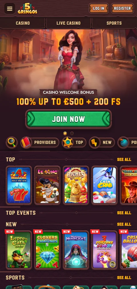 5Gringos Casino en el navegador del celular, sin app nativa para Android ni iPhone