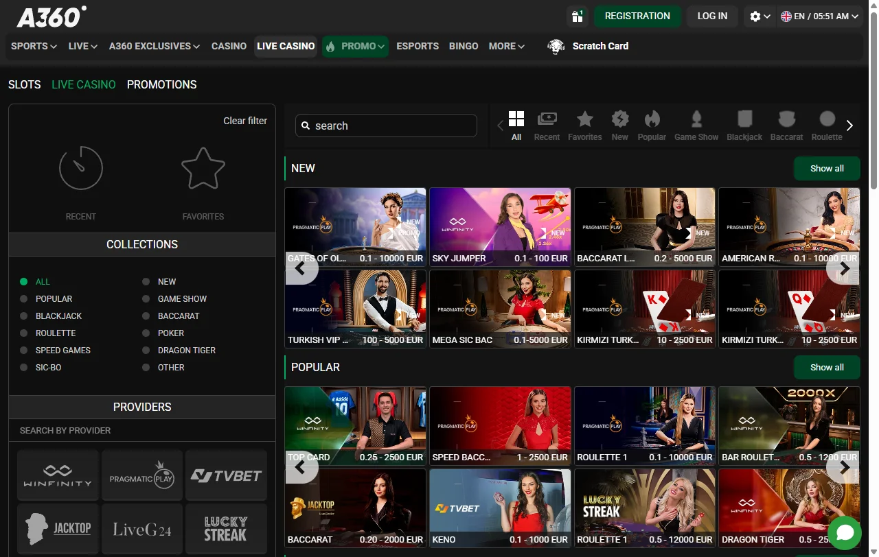 Vista general de A360 Casino con casino y apuestas deportivas en una cuenta