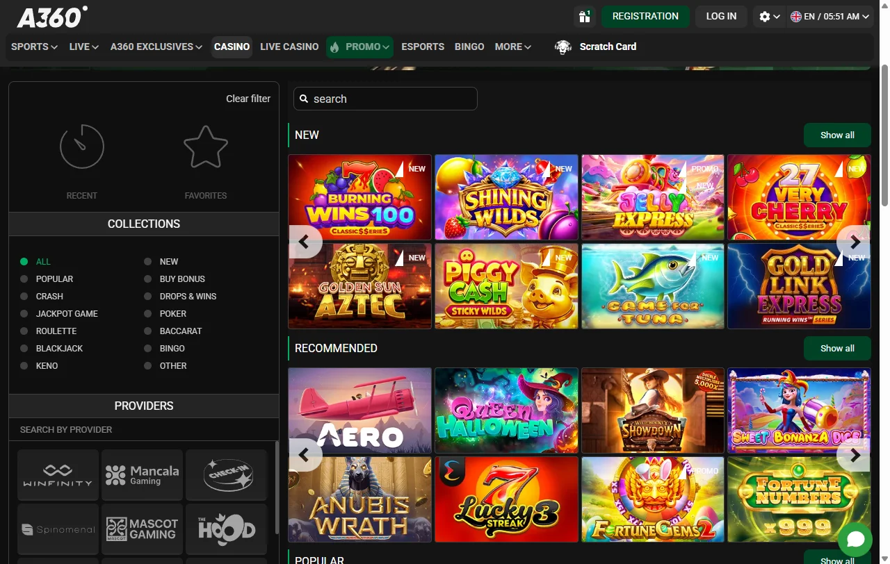 Catálogo de juegos de A360 Casino con títulos de 133 proveedores distintos