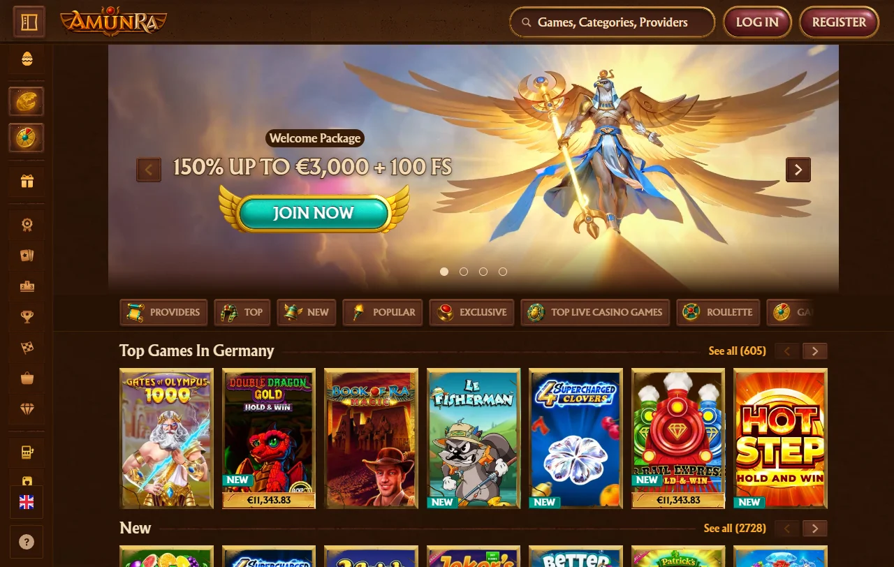 Vista general de AmunRa Casino con su temática egipcia para jugadores de Chile