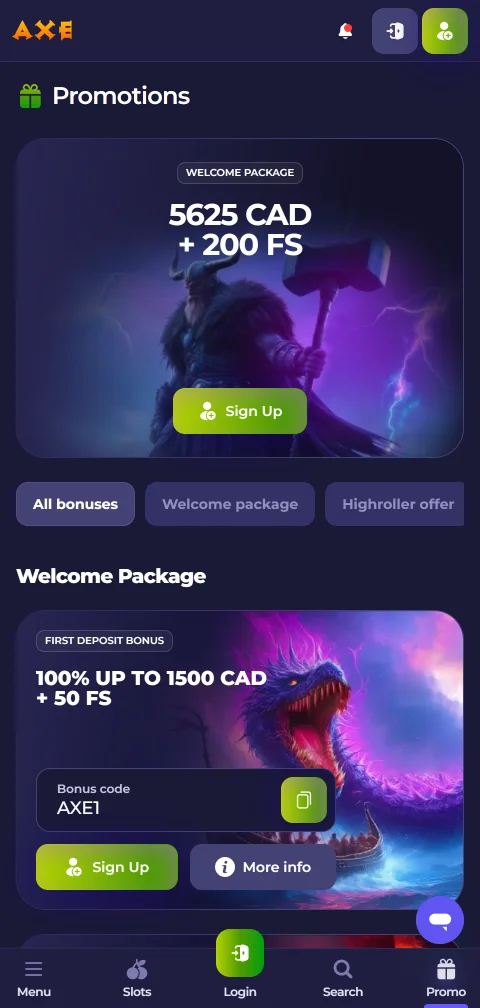 Axe Casino abierto en el navegador de un celular, sin app nativa