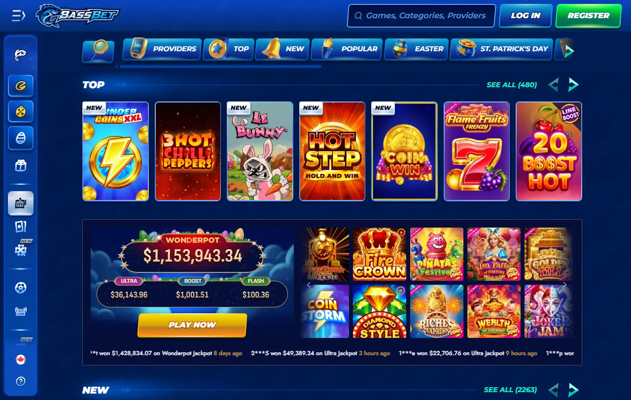 Catálogo de BassBet Casino con aproximadamente 9.000 juegos de más de 80 proveedores
