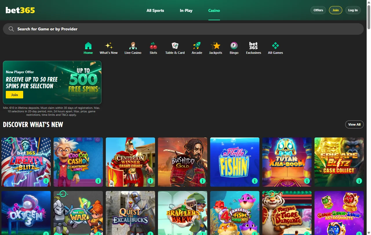Vista general de bet365 Casino para jugadores chilenos con catálogo y secciones