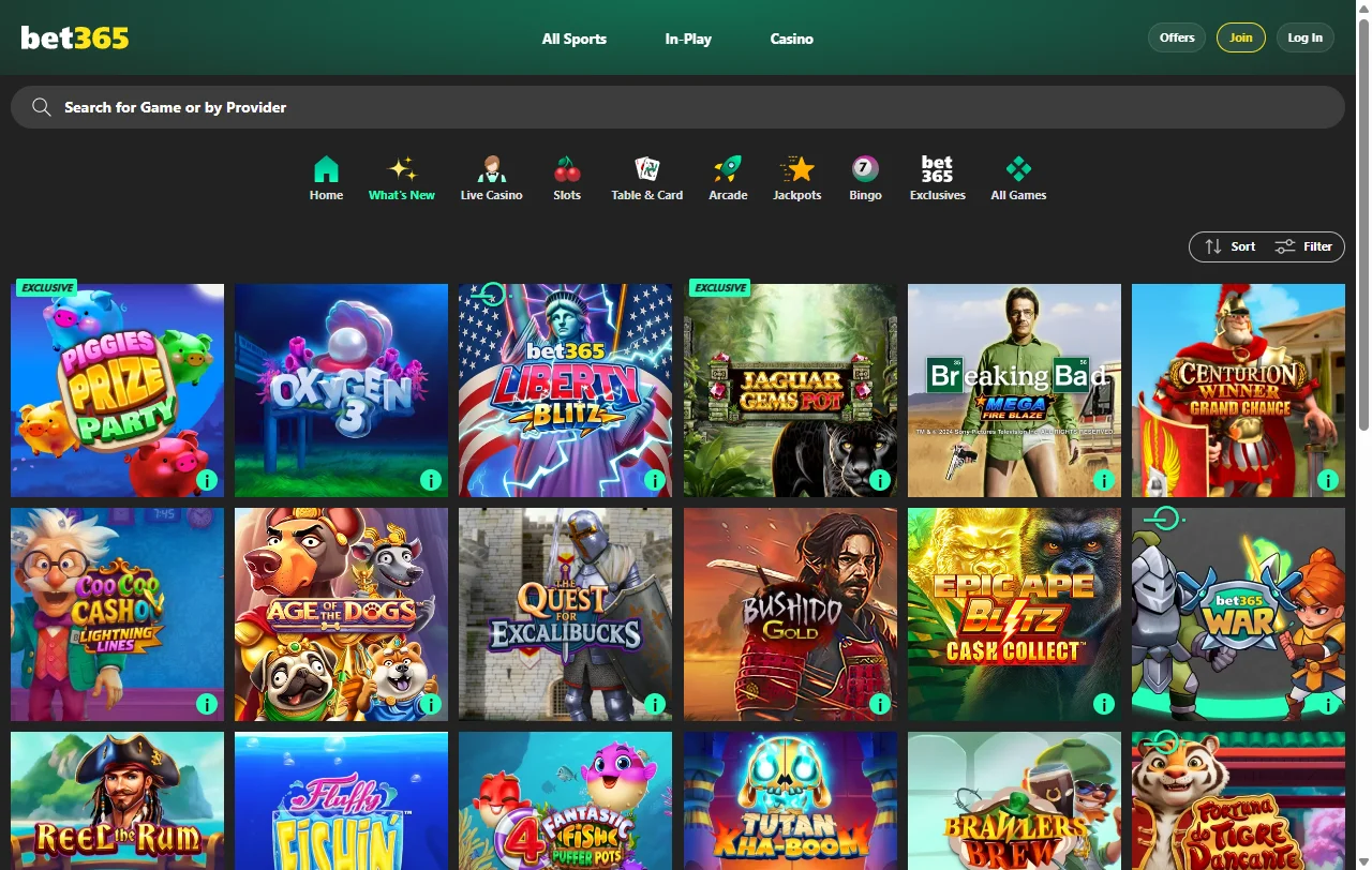 Catálogo de tragamonedas de bet365 Casino con títulos de Playtech y Pragmatic Play
