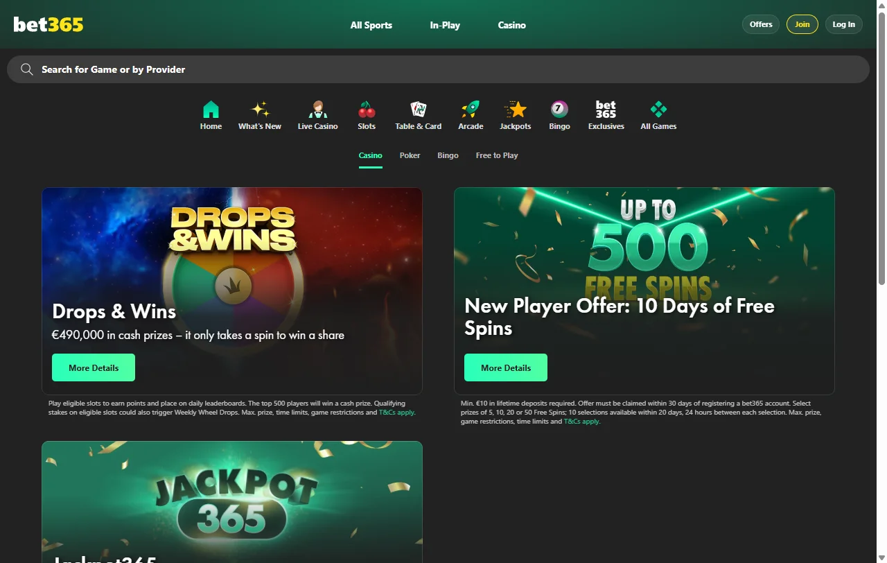 Oferta de bienvenida de bet365 Casino con hasta 500 giros gratis