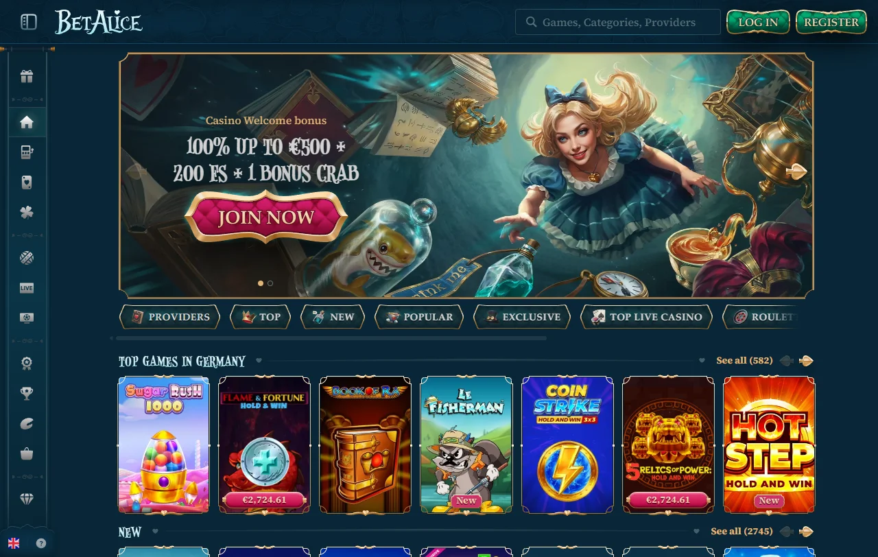 Vista general de BetAlice Casino y su temática de Alicia en Wonderland