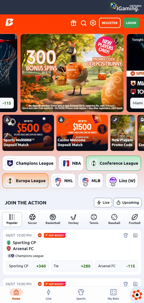 App móvil de Betano Casino para iPhone y Android con el lobby de juegos