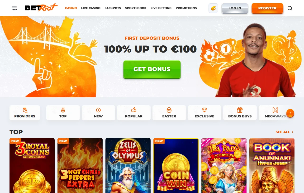 Lobby de juegos de BetRiot Casino con slots de Pragmatic Play y Hacksaw