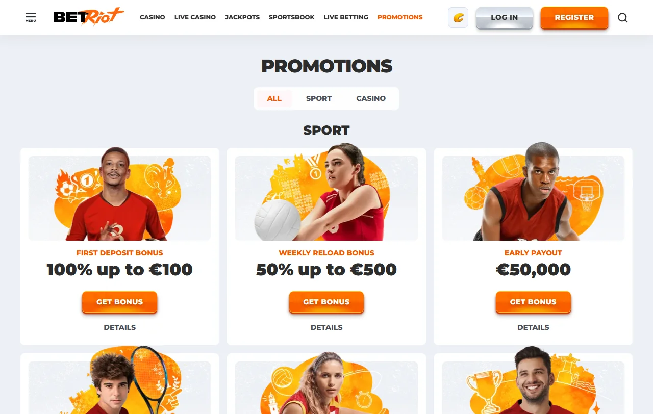 Página de promociones de BetRiot Casino con paquete de bienvenida y cashback semanal