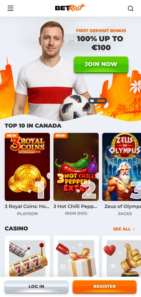 Versión móvil de BetRiot Casino abierta en el navegador del teléfono