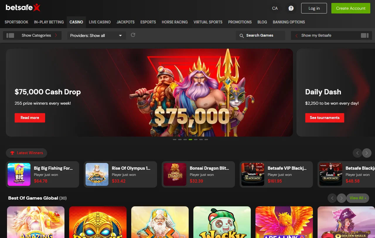Catálogo de Betsafe Casino con más de 6.000 tragamonedas, mesas y juegos en vivo