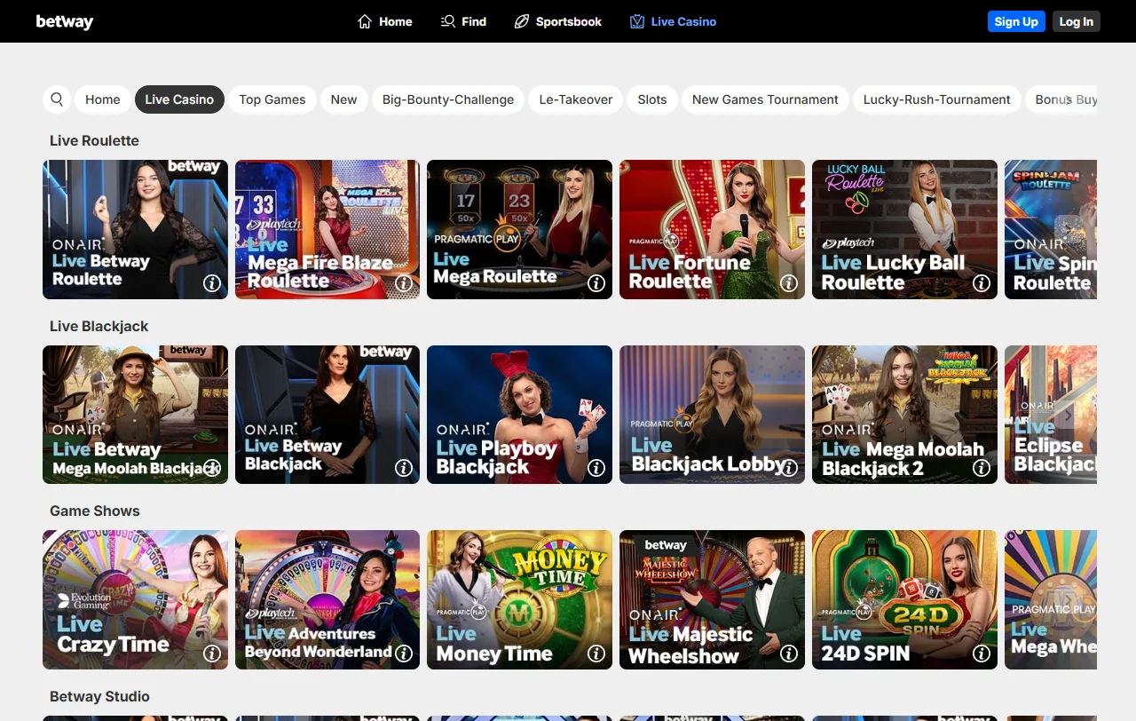Catálogo de juegos de Betway Casino con Evolution, Pragmatic Play y Playtech