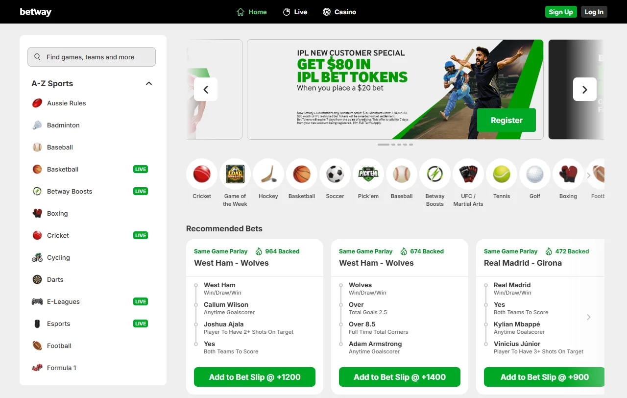 Bono de bienvenida de Betway Casino de 100% hasta $150.000 con rollover 30x