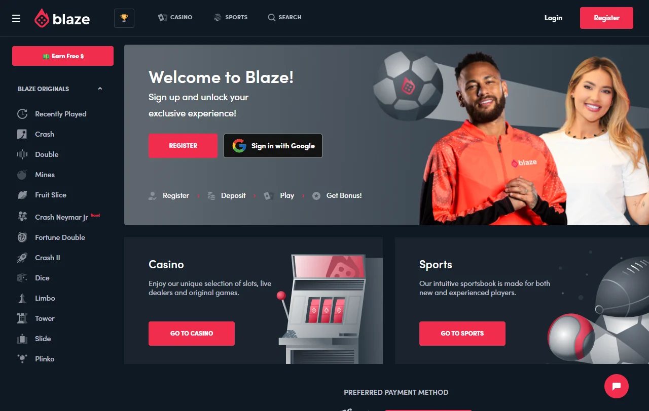 Portada de Blaze Casino con acceso directo a Blaze Originals y mesas en vivo