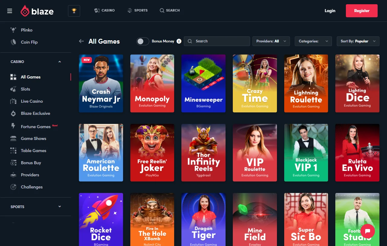 Lobby de juegos de Blaze Casino con títulos de Pragmatic Play y Nolimit City