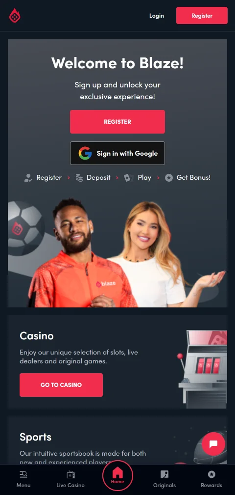 Versión móvil de Blaze Casino en el navegador con juegos Crash y Double