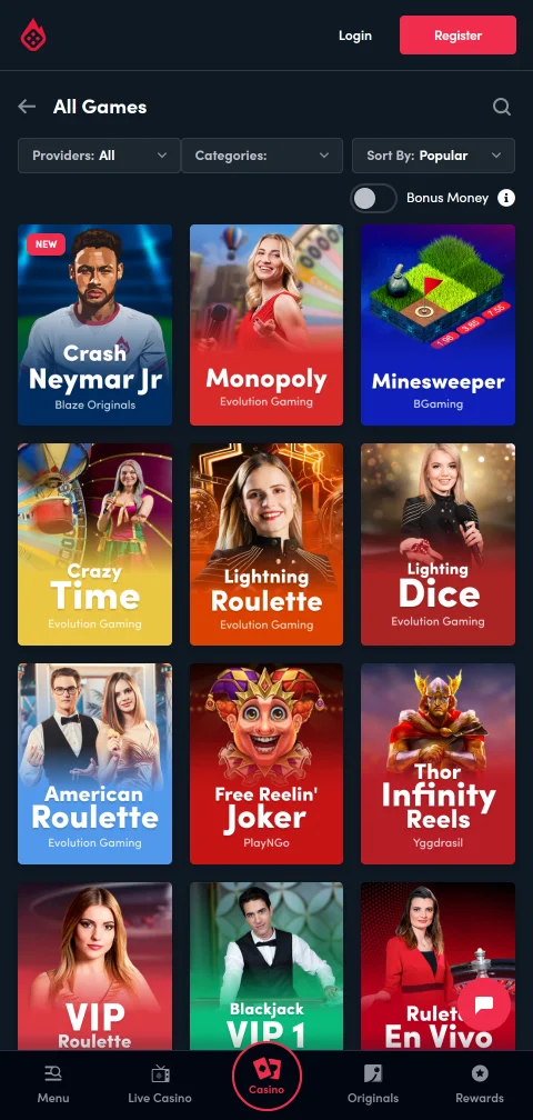Caja de Blaze Casino en móvil con Webpay, Mercado Pago y transferencia bancaria