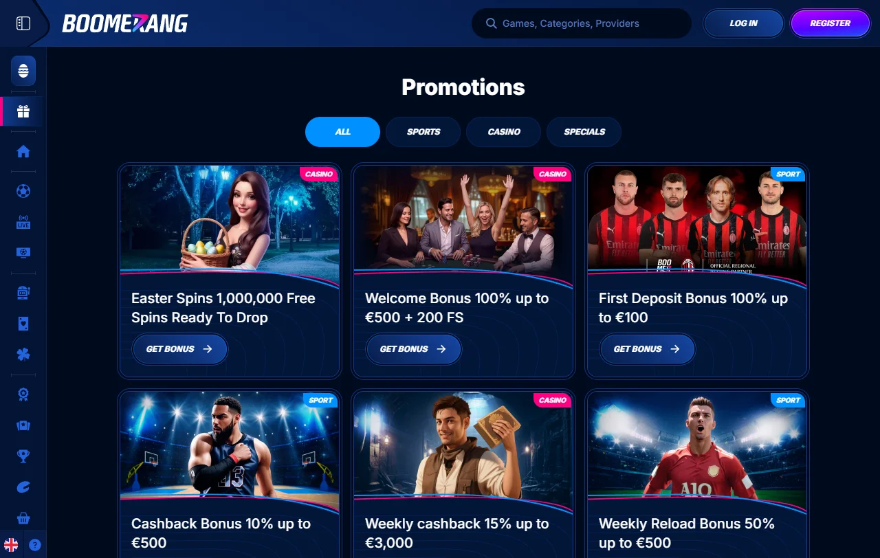 Catálogo de tragamonedas y mesas en vivo de Boomerang Casino por proveedor