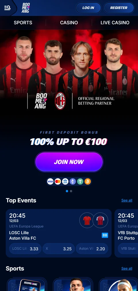 Versión web instalable de Boomerang Casino en la pantalla de un celular
