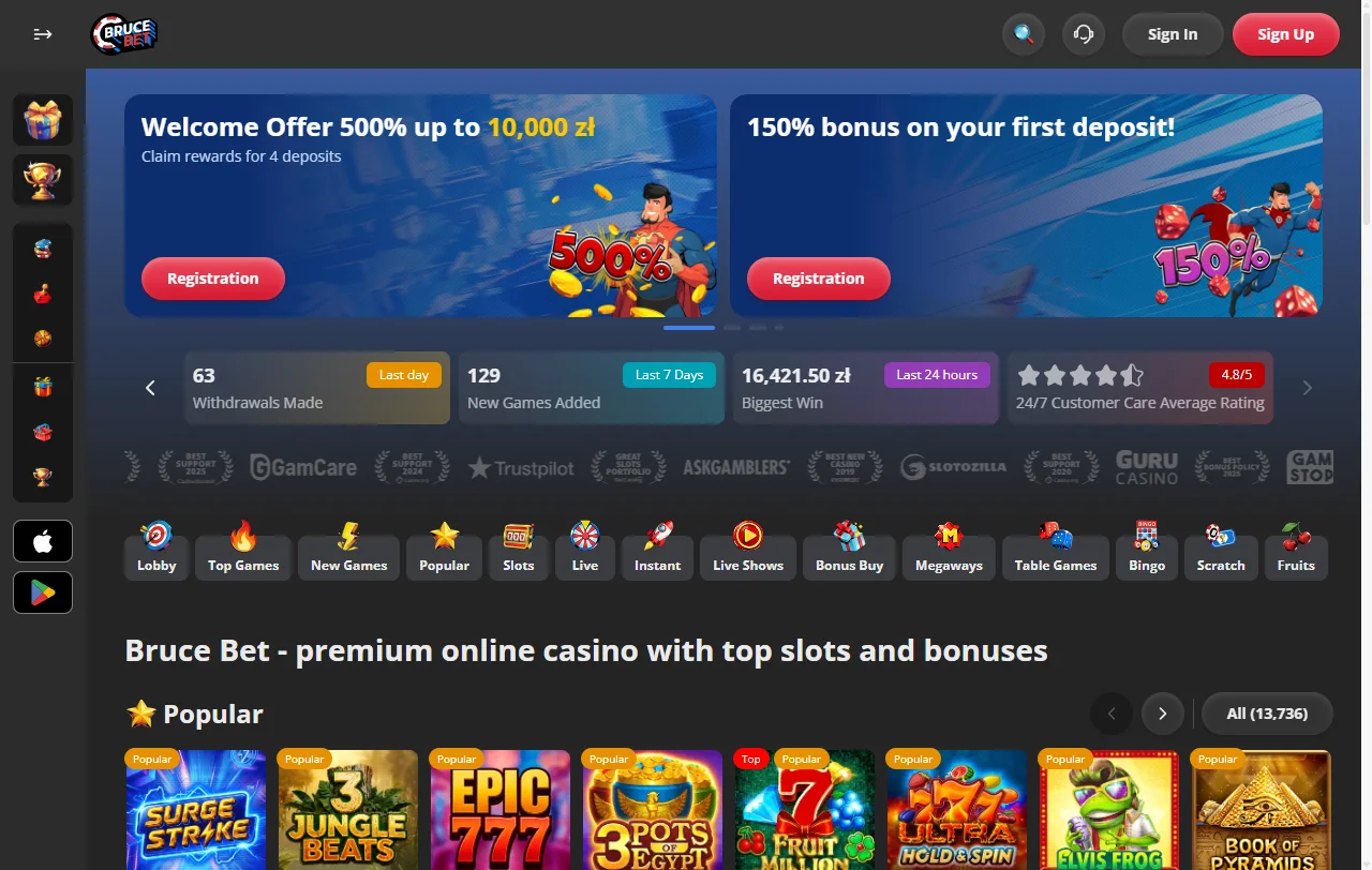 Portada de BruceBet Casino con el lobby principal y las secciones de juego