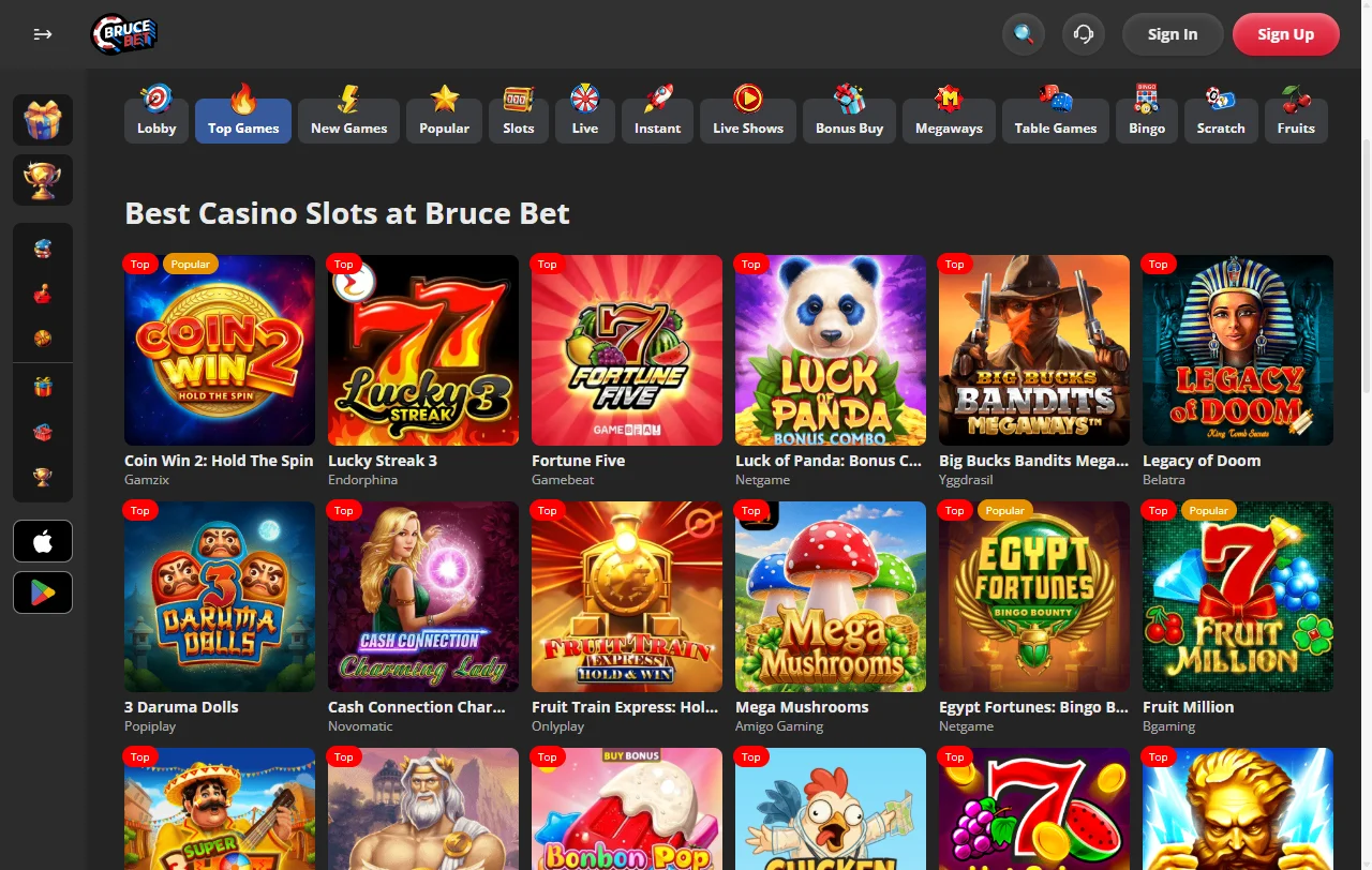 Catálogo de slots de BruceBet Casino filtrado por proveedores como Pragmatic Play