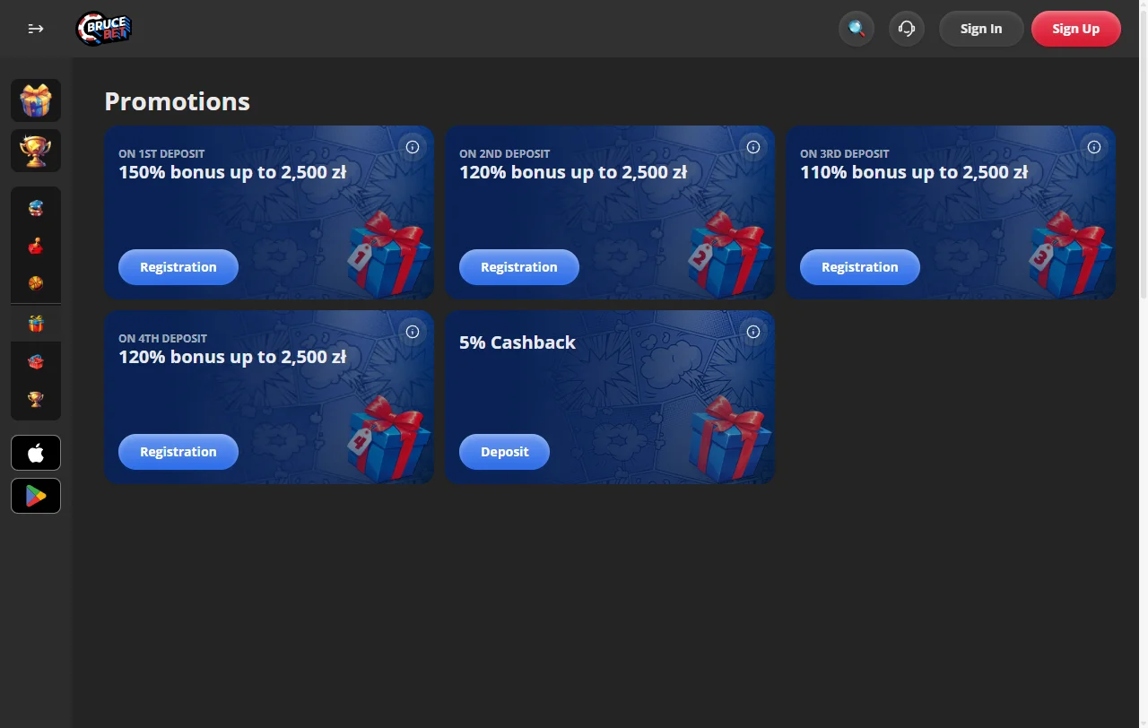 Paquete de bienvenida de BruceBet Casino con sus cuatro depósitos y wagering