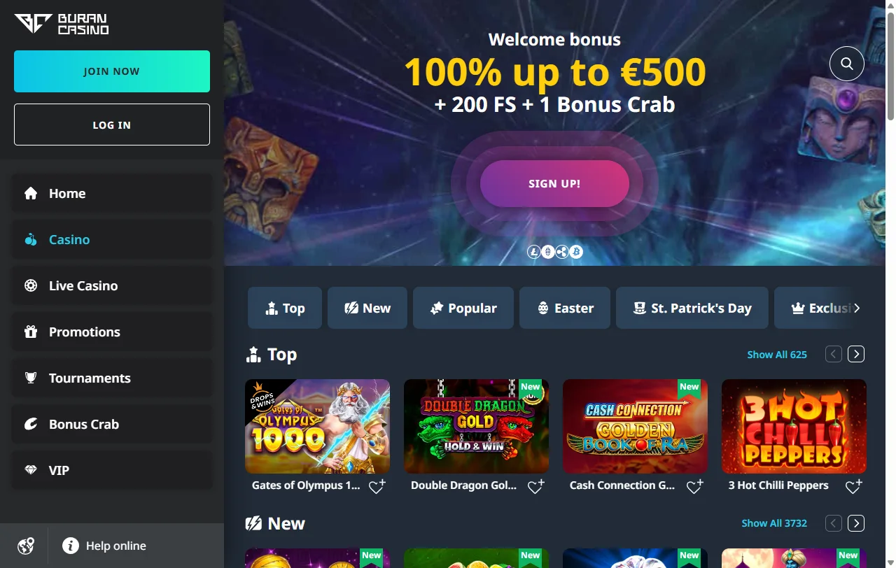Catálogo de juegos de Buran Casino con slots de Pragmatic Play y NetEnt
