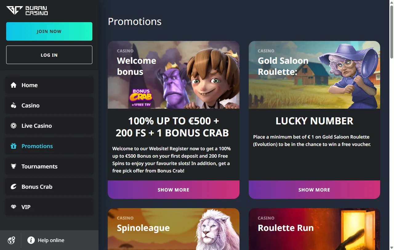 Bono de bienvenida de Buran Casino con 200 free spins y wagering de 35x