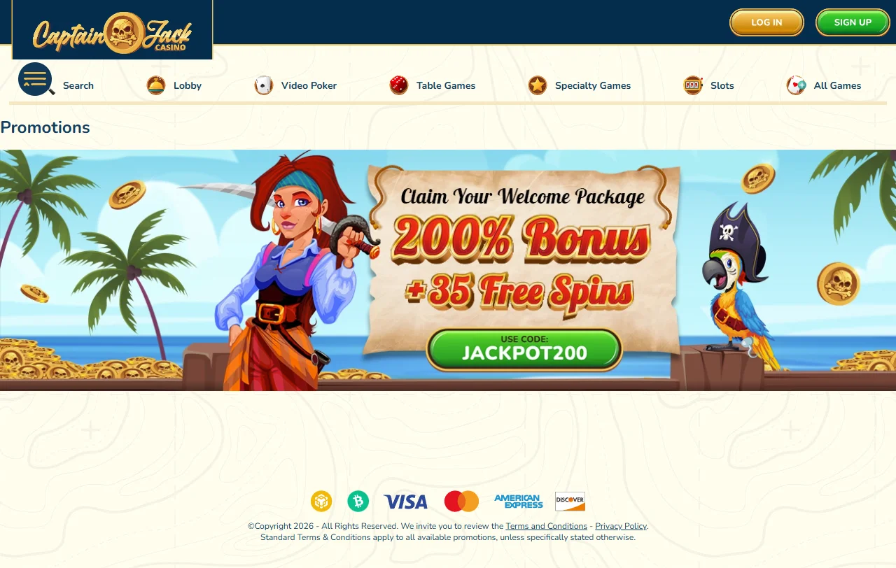 Paquete de bienvenida en diez depósitos y cupones semanales de Captain Jack Casino
