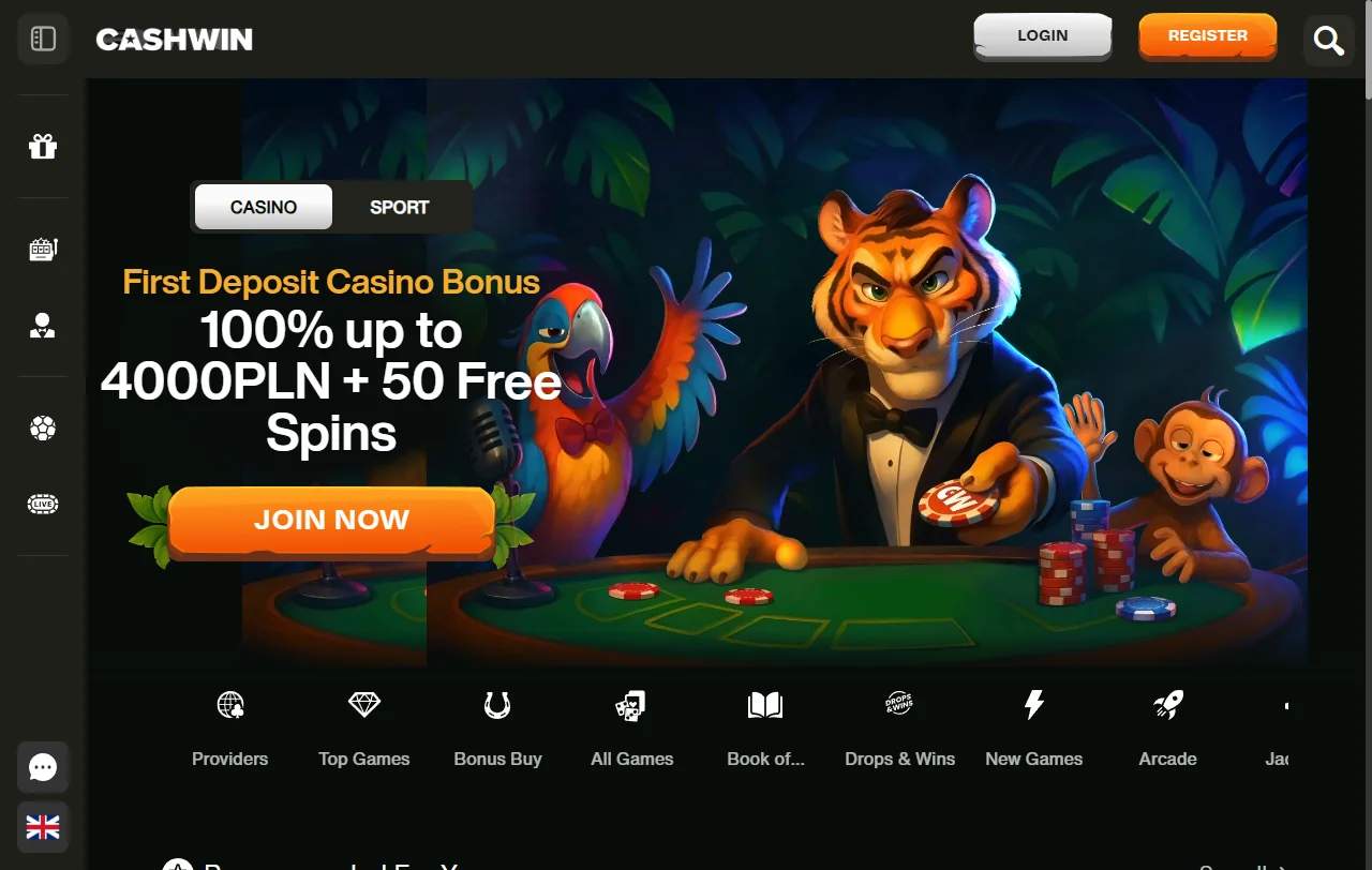 Vista general de CashWin Casino con su temática de selva y lobby principal