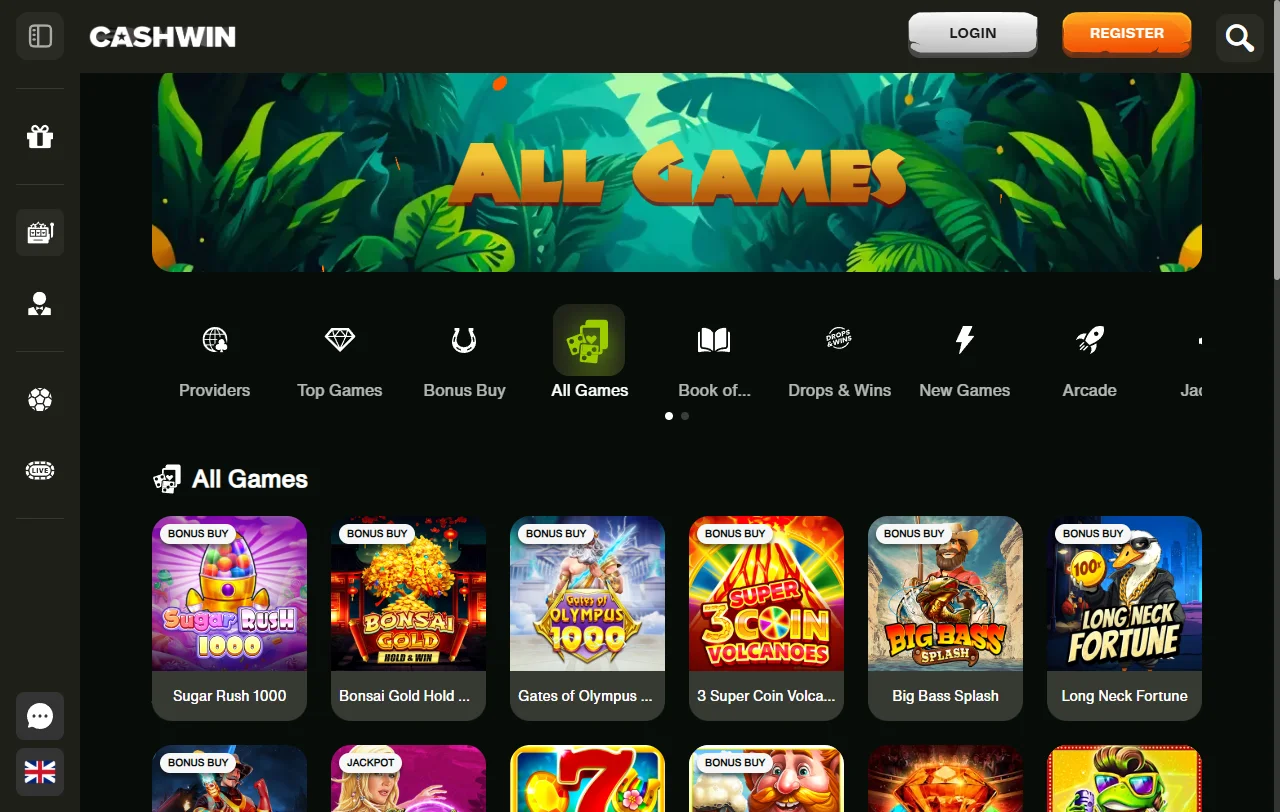 Catálogo de CashWin Casino con slots de Pragmatic Play, Belatra y Hacksaw Gaming