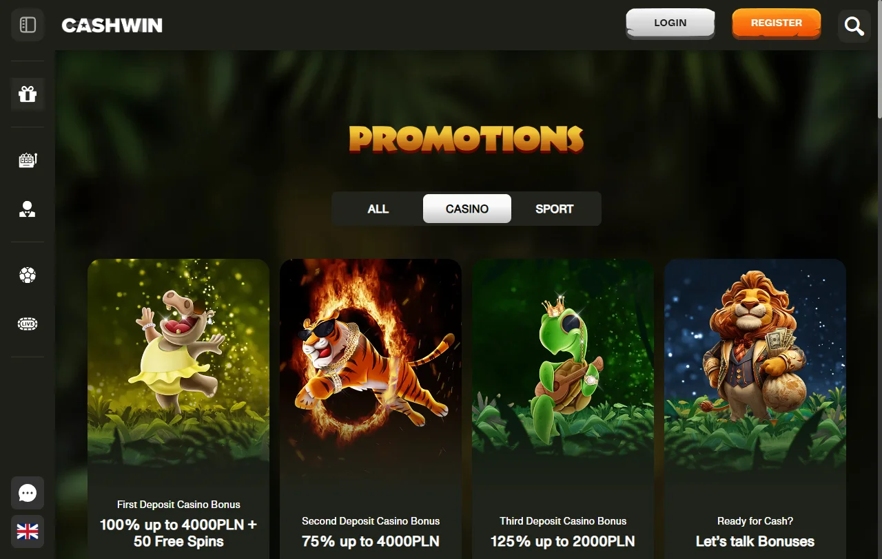 Paquete de bienvenida de CashWin Casino con 100% y 50 free spins