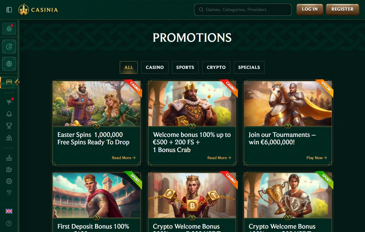 Catálogo de Casinia con slots de Pragmatic Play y mesas en vivo de Evolution