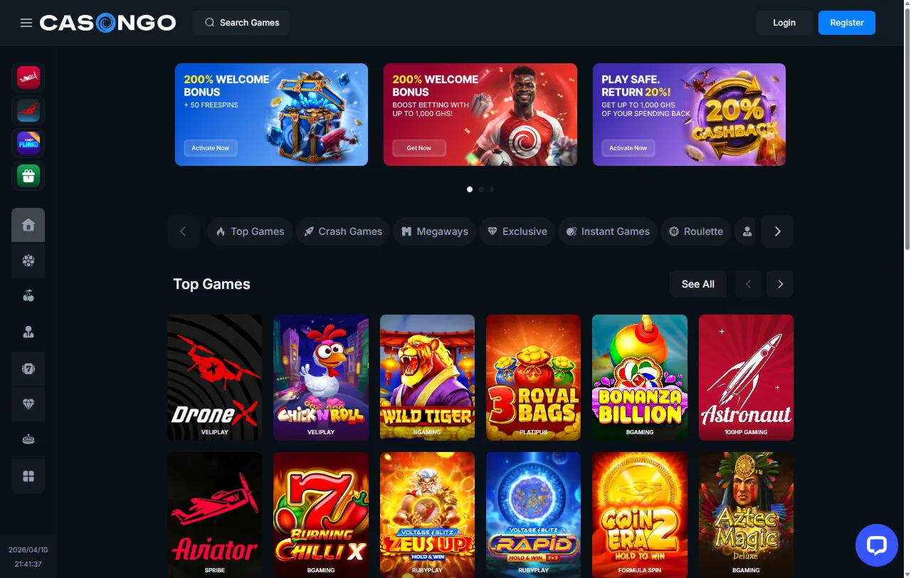 Portada de Casongo Casino para Chile con categorías de juego y acceso al registro