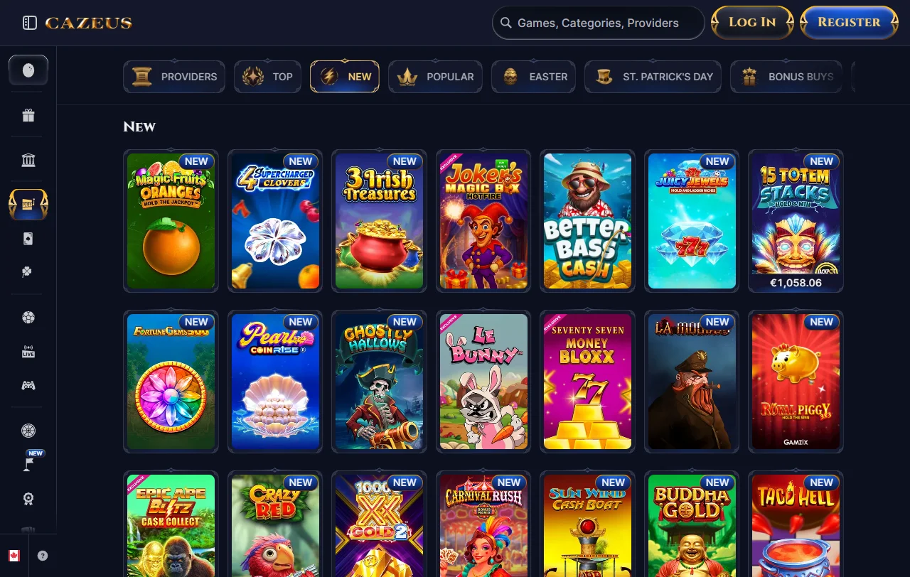 Lobby de juegos de Cazeus Casino con tragamonedas y mesas de live casino