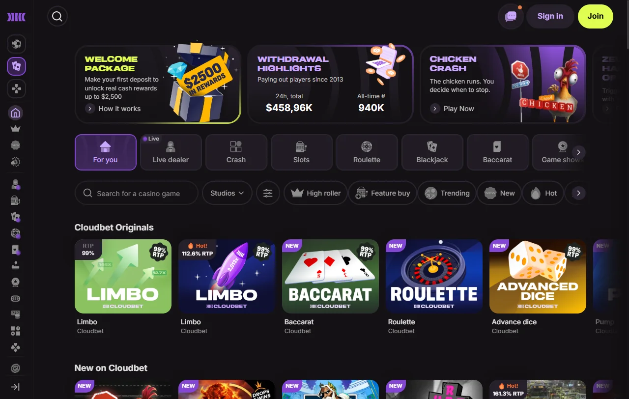 Lobby de juegos de Cloudbet con slots de Pragmatic Play y Originals propios