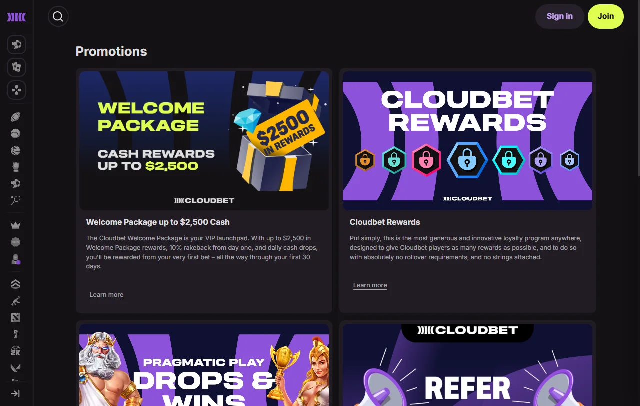 Paquete de bienvenida de Cloudbet con recompensas en efectivo durante 30 días