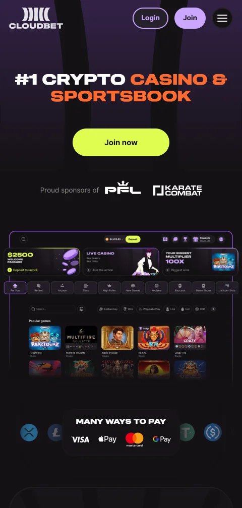 Cloudbet en el navegador del celular con el catálogo completo de juegos