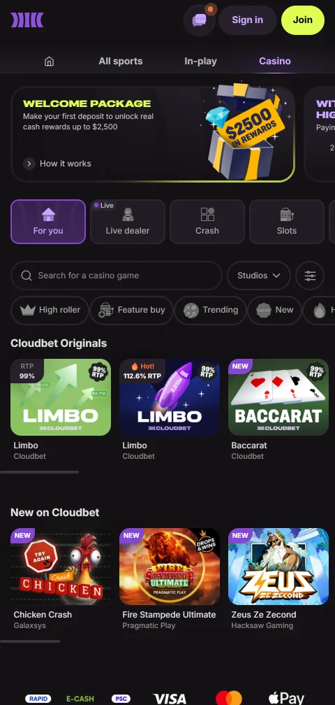 Cajero móvil de Cloudbet para depositar criptomonedas como USDT y Bitcoin