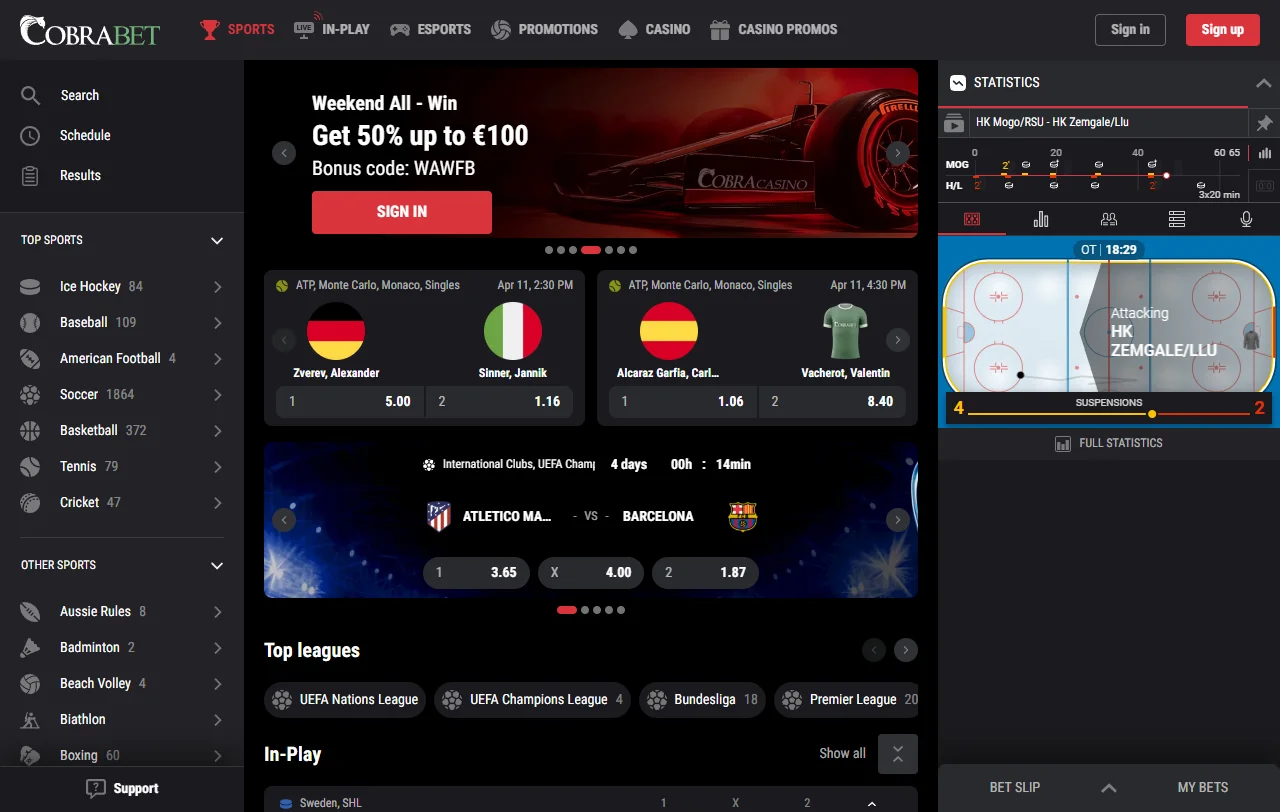 Portada de Cobra Casino con paquete de bienvenida y accesos a juegos y deportes