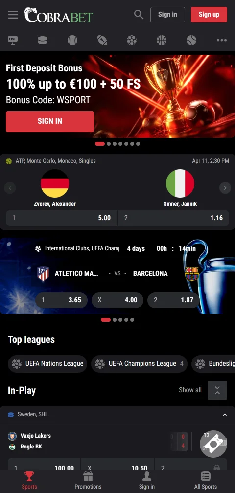 Cobra Casino abierto en el navegador de un celular Android con el catálogo adaptado